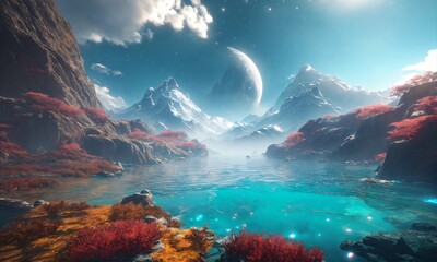 Surreal landscape, mountains, AI generated nature picture