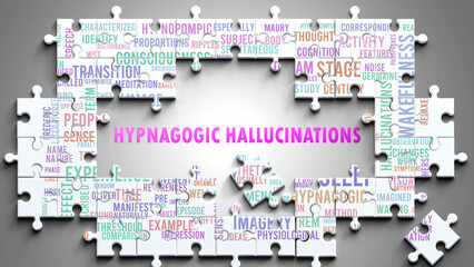 Hypnagogic Hallucinations as a complex subject, related to important topics. Pictured as a puzzle surrounded by most important ideas and phrases related to hypnagogic hallucinations. ,3d illustration