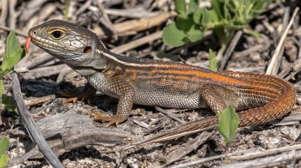 Naklejka premium A lizard with vibrant stripes resting on the ground among vegetation.