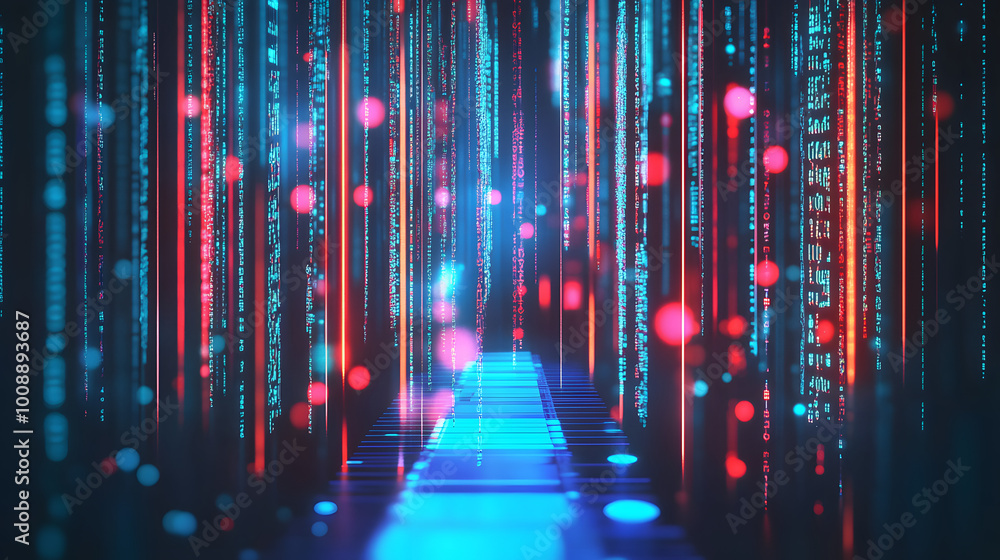 Poster cyber hi-tech. futuristic big data stream. motion of digital data flow. data transmission channel 3d