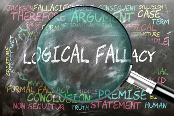 Logical Fallacy being studied, examined - under close inspection. Most important subjects and ideas closely related to logical fallacy. ,3d illustration