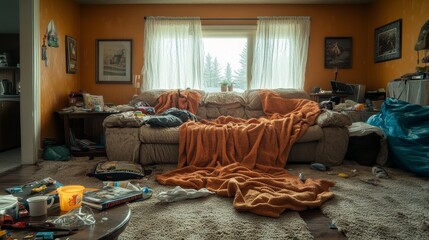 Sala de estar desordenada con objetos dispersos y muebles antiguos. Un interior real que crea una atmósfera de descuido y caos.
