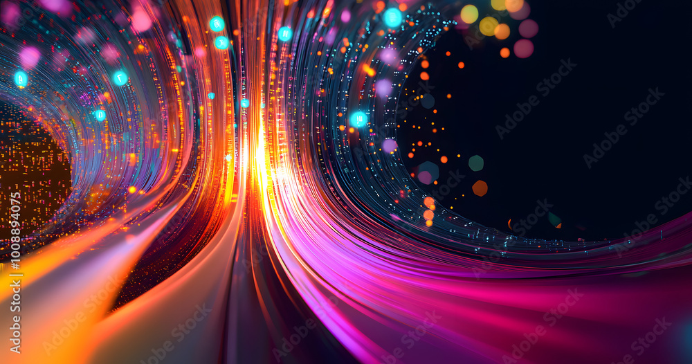 Poster electrical impulse, binary code. futuristic wave. neon streaming. data stream 3d illustration. data 