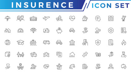 Insurance icons as insurance cover, home injury, accidental insurance. Insurance thin line icons set