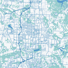Map of Springdale in Arkansas in a professional blue style. Contains layered vector with roads water, parks, etc.