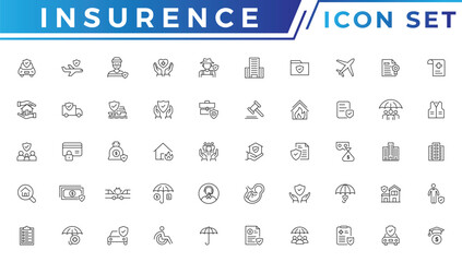 Insurance icons as insurance cover, home injury, accidental insurance. Insurance thin line icons set