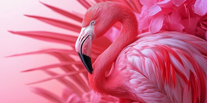 A regal pink flamingo is displayed against a backdrop of detailed, pink-textured foliage with elegance.