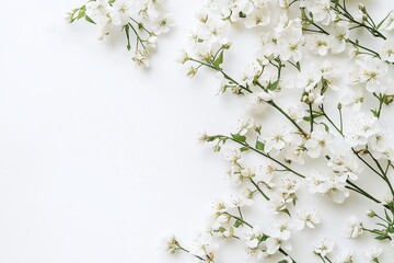 Delicate white blossoms spread across a minimalistic white canvas background, showcasing their simple elegance.