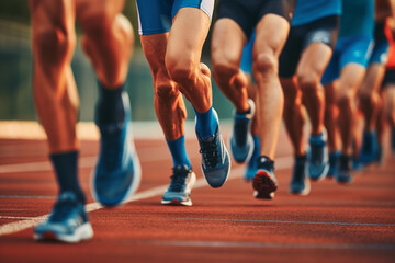 People run and compete in a stadium with running tracks. Marathon, competition, race.