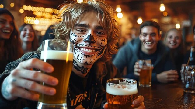 a guy wearing a skeleton costume drinking beer with his friends at a halloween party