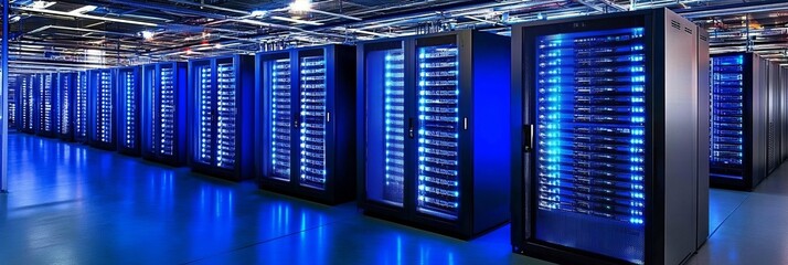Servers in Data Center, Server Racks, Big Data, Cloud Storage With Modern High Tech Cooling System.