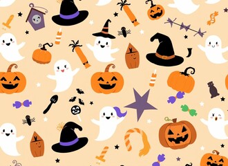 Illustration of Halloween items scattered on a light orange background