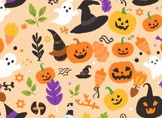 Illustration of Halloween items scattered on a light orange background