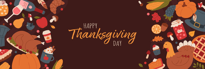 Thanksgiving day banner with harvest festive elements, turkey, corn, pumpkin, pie, wine, leaves, coffee, wine. Autumn holiday web background, card, poster, ads. Hand drawn vector flat illustration