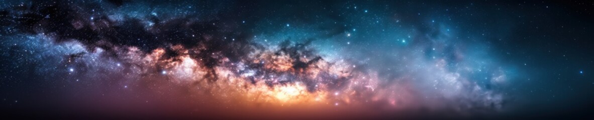 Obraz premium Panoramic view of vibrant cosmic galaxy with stars and nebulae. Astrophotography concept.