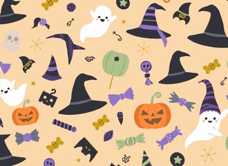 Illustration of Halloween items scattered on a light orange background