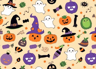 Fototapeta premium Illustration of Halloween items scattered on a light orange background