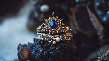 Obraz premium Gold and Blue Gemstone Ring on Black Rock