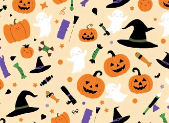 Illustration of Halloween items scattered on a light orange background
