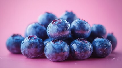 fresh blueberries beautifully arranged against a light pink background illuminated with highkey lighting to enhance their vibrant color and appetizing appeal