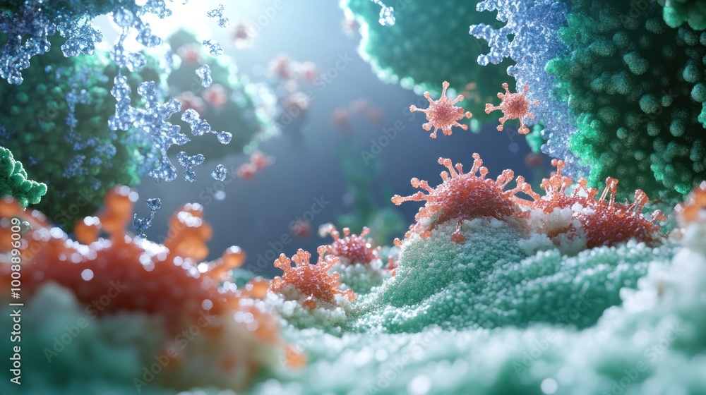Aufkleber a microscopic view of viruses and cellular structures in a vibrant, abstract environment.