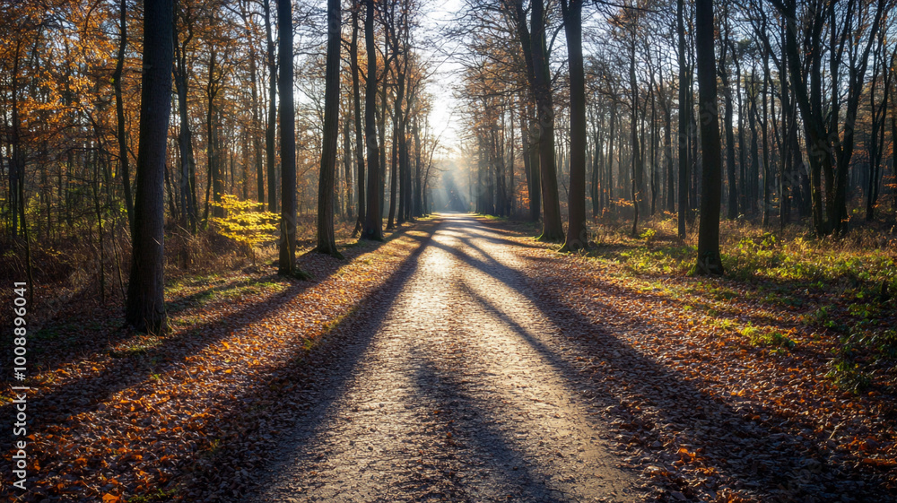 Poster a serene forest pathway illuminated by sunlight filtering through autumn trees in late afternoon