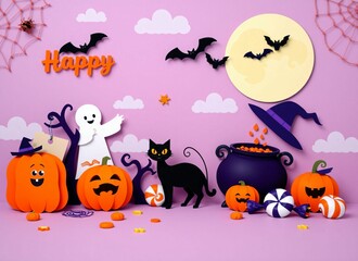 Fun Halloween Scene with Pumpkins, Ghosts, and Black Cat - Autumn Paper Craft Illustration