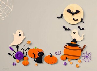 Fototapeta premium Fun Halloween Scene with Pumpkins, Ghosts, and Black Cat - Autumn Paper Craft Illustration