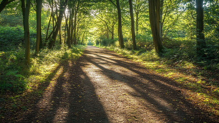 Fototapeta premium A serene forest path bathed in sunlight during late afternoon in a tranquil wooded area