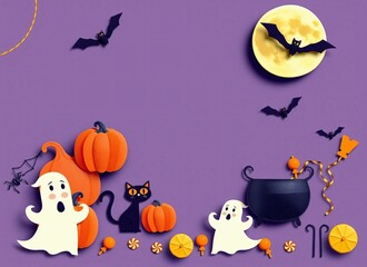 Fun Halloween Scene with Pumpkins, Ghosts, and Black Cat - Autumn Paper Craft Illustration