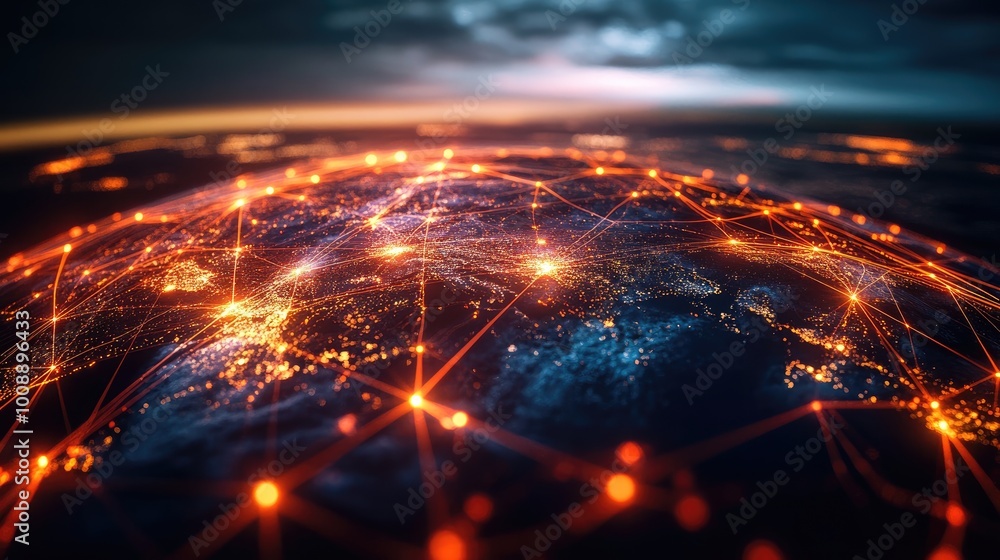 Aufkleber global network concept with a 3d globe and bright, animated lines connecting different regions aroun