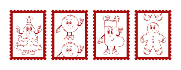 Christmas groovy retro postage stamps. Vector red hand drawn stamps. Merry Christmas and Happy New year. 50s 60s 70s. Christmas tree, rubber hose, stocking, orange, gingerbread man