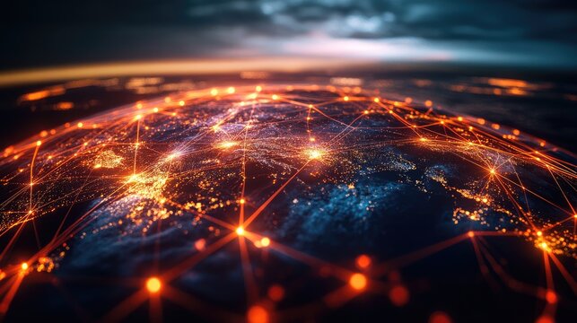 Global network concept with a 3D globe and bright, animated lines connecting different regions around the world --ar 16:9 --v 6.1 Job ID: d10a43f9-4031-4d11-b5f0-48cc3f0c1ee6