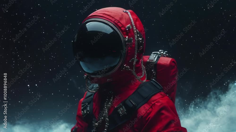 Poster close-up of an astronaut in a red space suit, gazing out into the cosmos.. ai generation