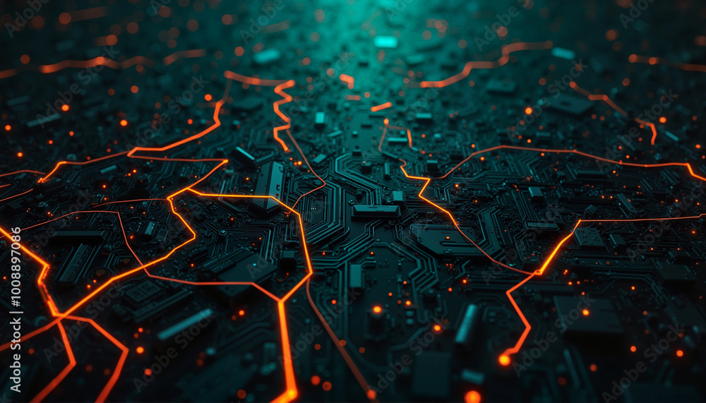 Aufkleber futuristic circuit board with glowing lines and electronic components in dark setting