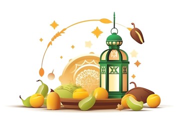 Islamic Eid cute lantern ‍and fruit. Seasoning ‍and crescent moon and vector Illustration White background.
