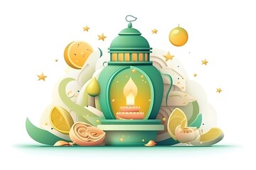 Islamic Eid cute lantern &zwj;and fruit. Seasoning &zwj;and crescent moon and vector Illustration White background.
