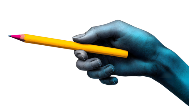 Trendy hand holding a pencil, abstract cutout hand halftone collage element for design montage