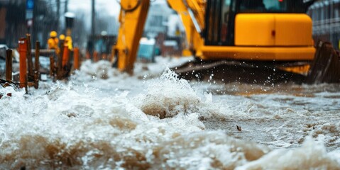Flooded city street with construction equipment