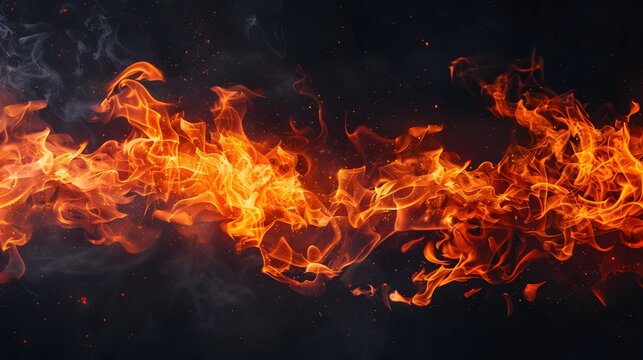 Intense Fire Flames on Black Background - Fiery Energy and Heat Concept