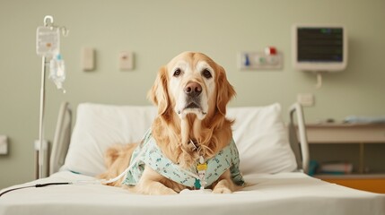 Golden Retriever in Hospital Gown Receiving Medical Treatment