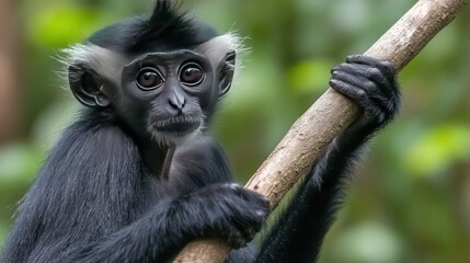 A close-up of a black monkey holding a branch in a lush green environment.