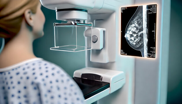 Mammogram being performed on patient to detect signs of breast cancer. breast tissue on mammogram screen, potential calcifications, masses, abnormal structures. Focus on the medical equipment.