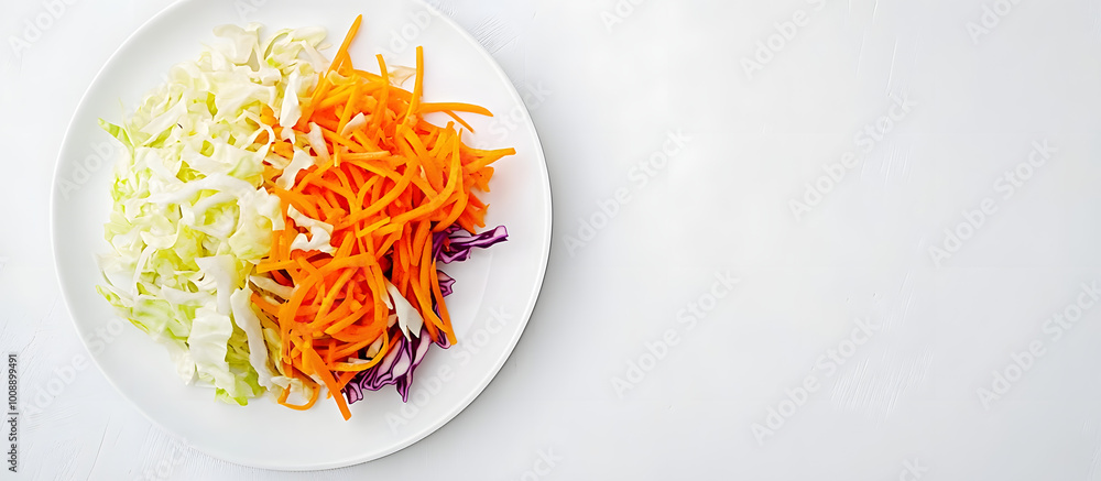 Poster top view of freshly sliced cabbage and carrot on a white plate isolated on a white background with r
