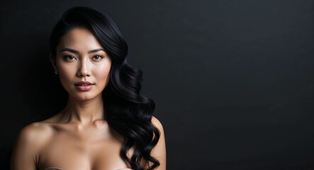 Fototapeta premium Stunning Indonesian woman with cascading hair in a closeup portrait against a deep black backdrop