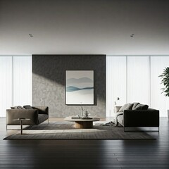 Minimalist Living Room with Grey Sofa, Wooden Coffee Table, and Abstract Art