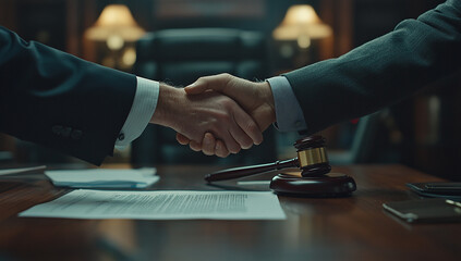 Cinematic stock photo of an outside law office, with a lawyer shaking hands with their client over a table