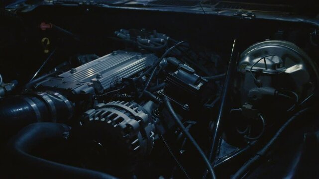 Close up shot of a sports car engine and system under the hood. Motor of a racing car up close.  A close-up view of a car motor in low light, showcasing various components such as the alternator, hose