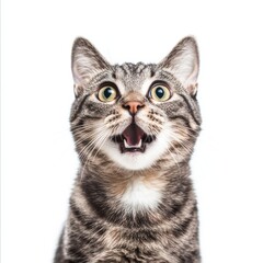 Angry and surprised cat isolated on white background with a funny and excited expression.