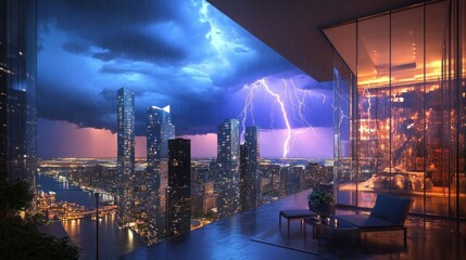Fototapeta premium A Rooftop Terrace Overlooking a Cityscape During a Thunderstorm